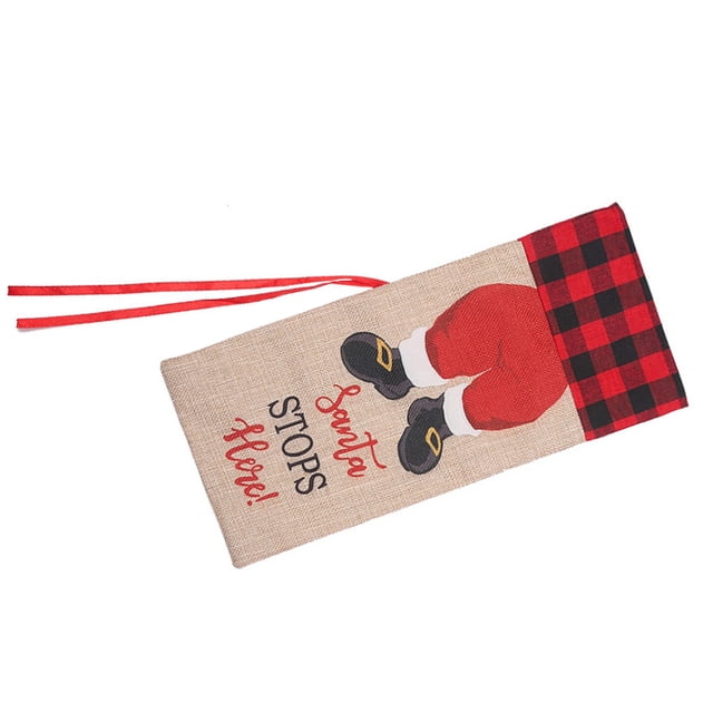 Toystoory Cubierta de botella de vino de lino de Navidad cordón de encaje Santa Claus manga de cerveza de comedor ropa de Navidad bolsa de champán Kits de decoración para fiestas Rejilla negra roja Toystoory HA068248-01