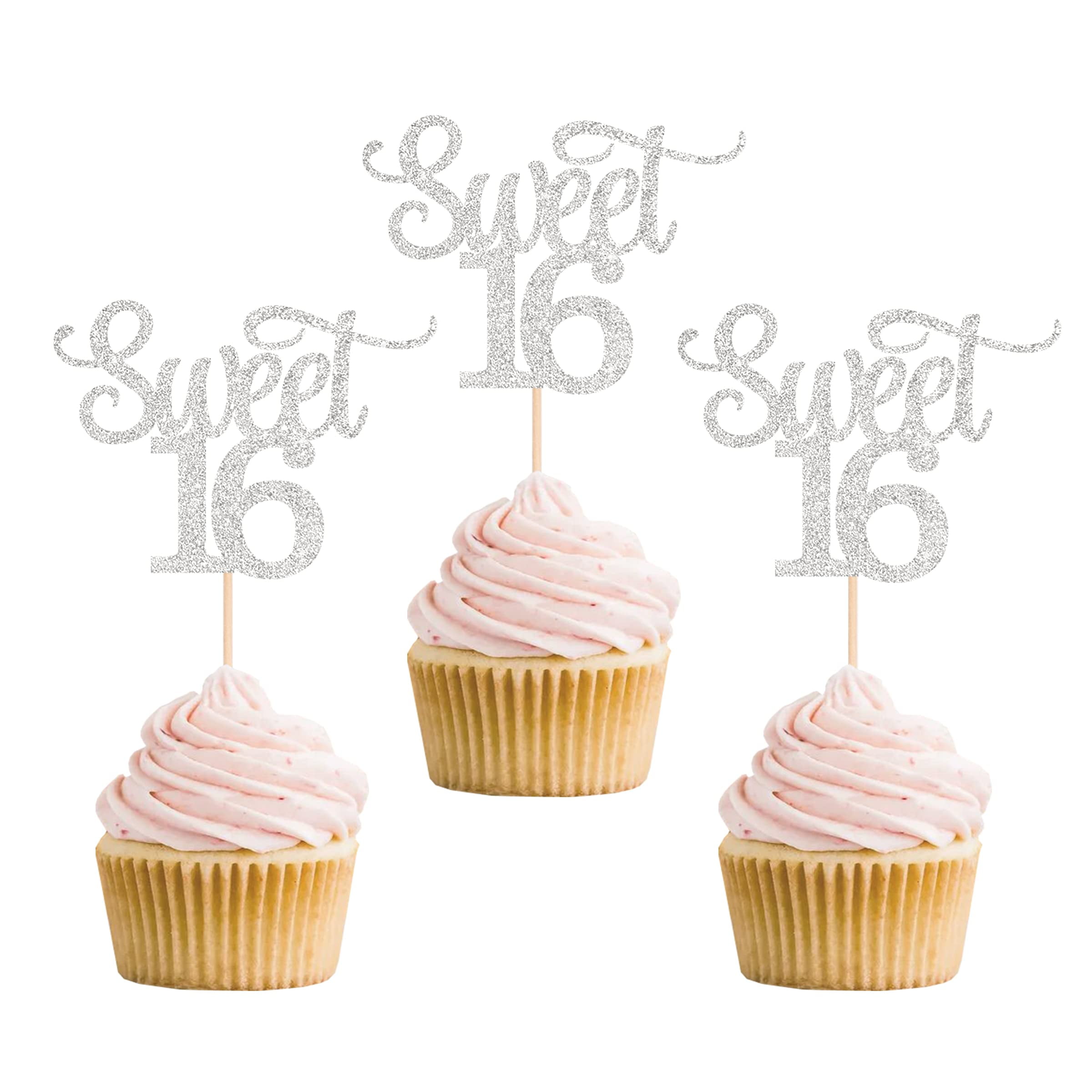 24 PCS Silver Glitter Sweet 16 Cupcake Toppers, Sixteen Cupcake Picks
