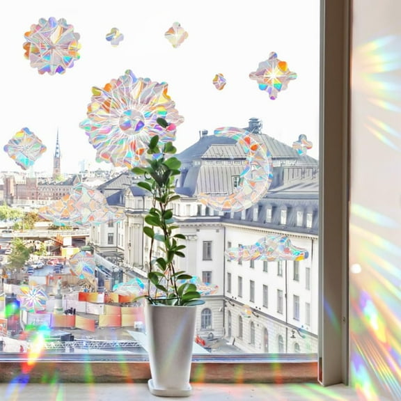 15PCS Anti-Collision Window Clings Sun Moon Star Cloud Non Adhesive Rainbow Static Glass Stickers Plastic Reusable Suncatcher Window Decal Decoration Prismatic for Bird Strike Deterrent
