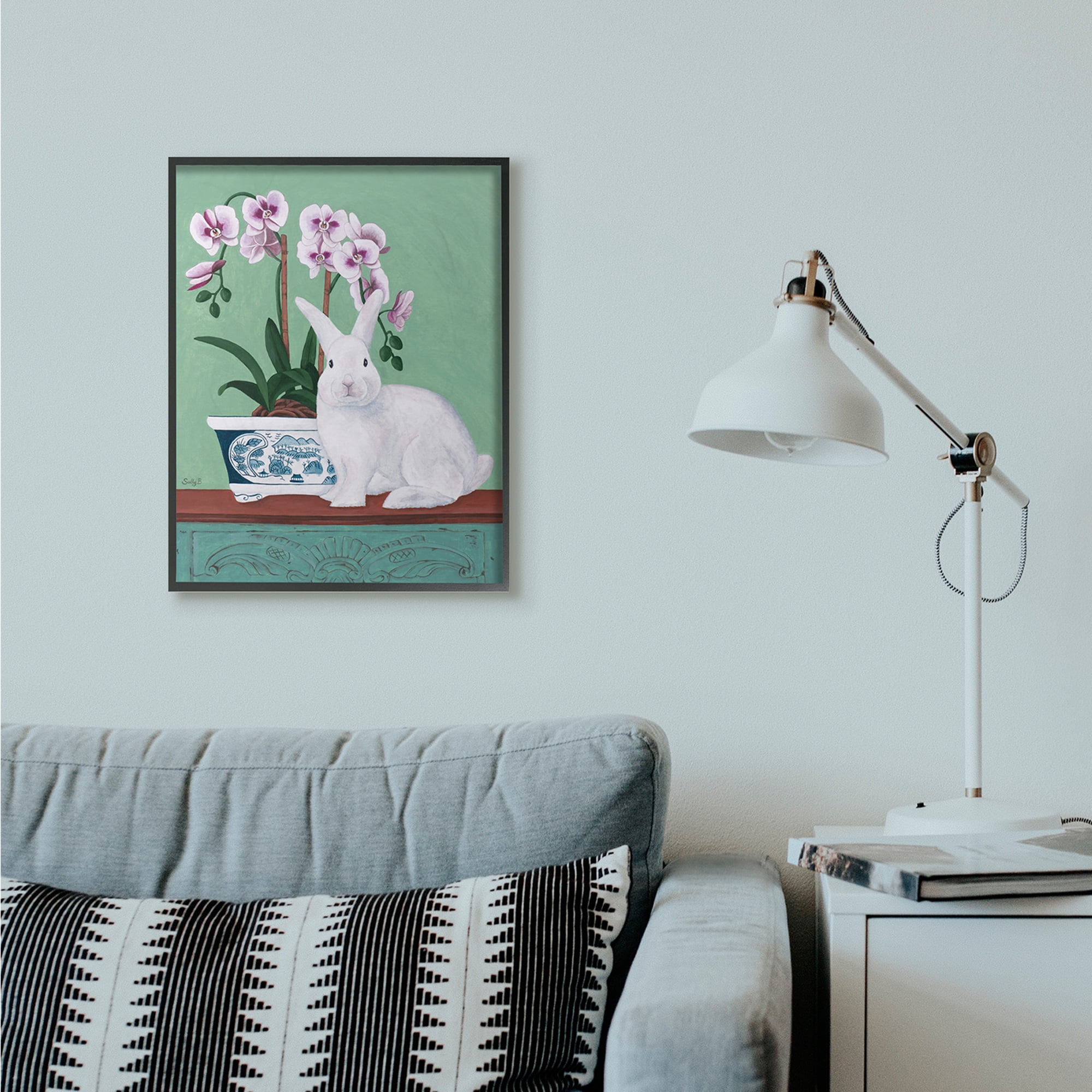 Stupell Industries Rabbit and Flowers Pink Green Animal Painting Black Framed Art Print Wall Art, 24x30, by Sally B