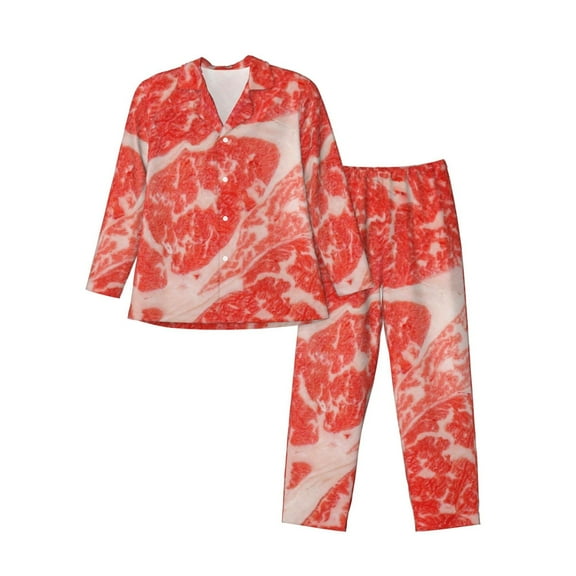 Tebeau Beef Steaks Print Men's Long Sleeve Pajama Set,Mens Pajamas Set Collar Pajamas for Men Long Sleeve Mens Sleepwear-Small