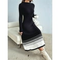 thumbnail image 4 of Women'S Color Block Striped Hem Long Sleeve Sweater Dress Pleated A-Line Swing Ribbed Knit Long Dress Black S, 4 of 8
