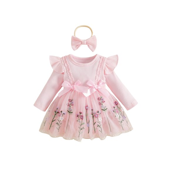 RUINIXCW Baby Girl Fall Outfits Crew Neck Long Sleeve Romper Dress and Headband 2Pcs