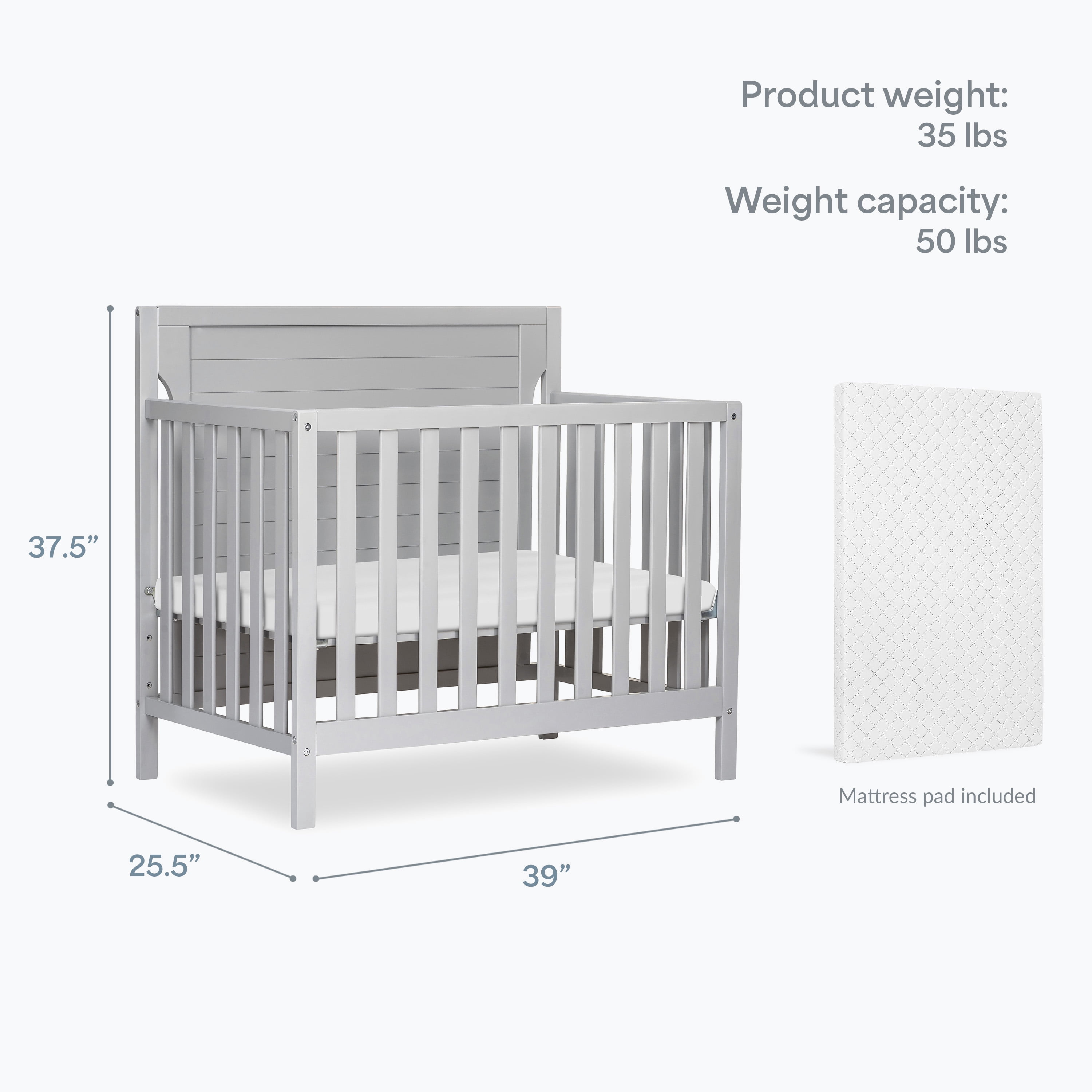 Dream On Me Bellport 4 in 1 Convertible Mini/Portable Crib in Pebble Grey, Non-Toxic Finish, Made of Sustainable New Zealand Pinewood, with 3 Mattress Height Settings
