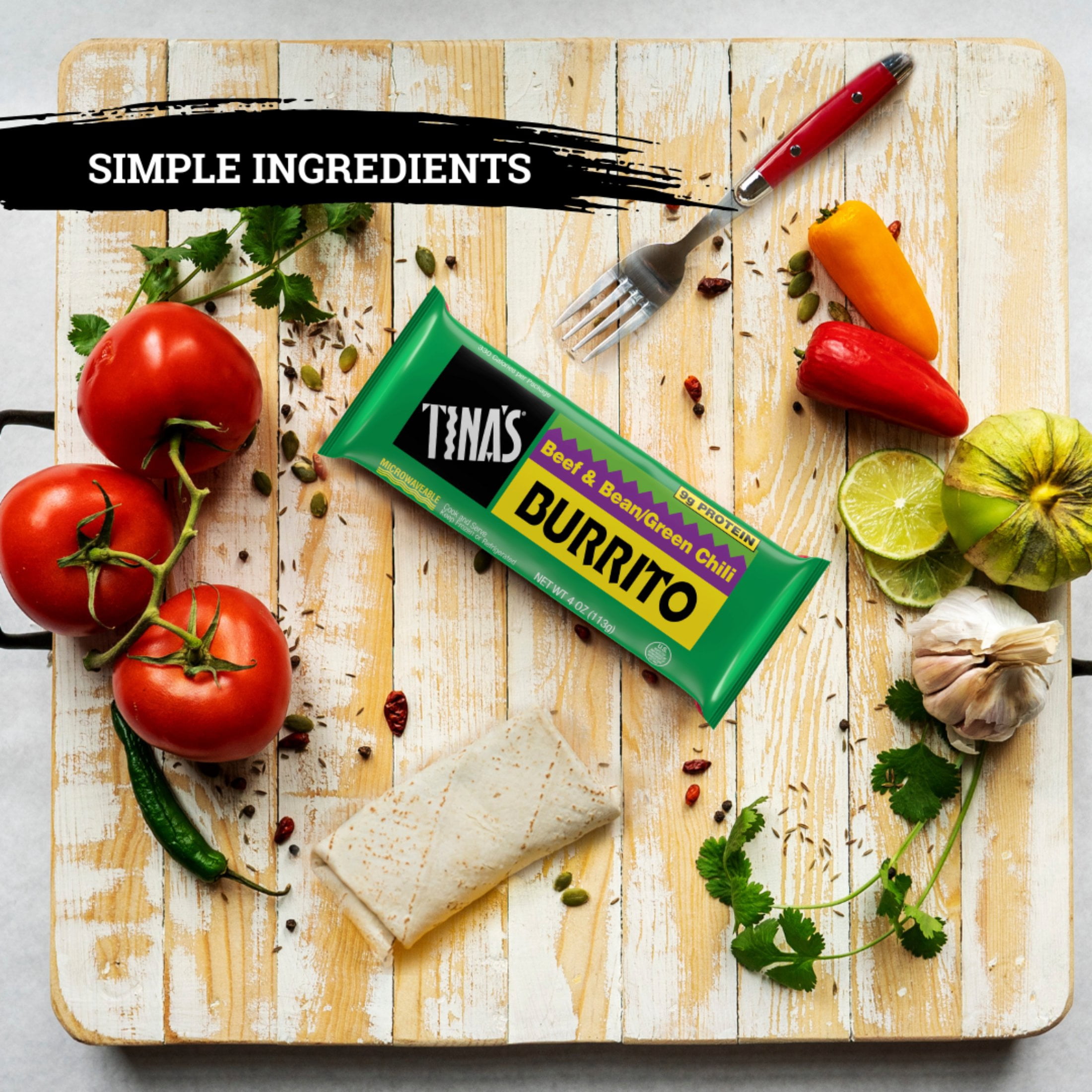 Tina’s Frozen Beef & Bean Green Chili Burrito, 9g Protein, 4 oz