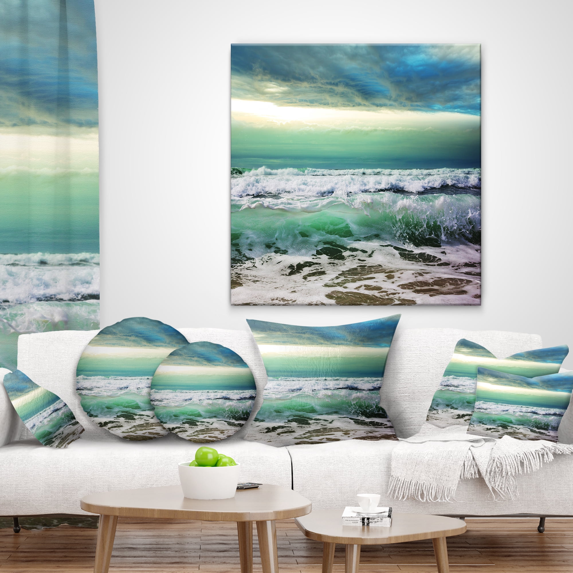 Designart Green Foaming Waves and Blue Sky - Seashore Throw Pillow - 12x20