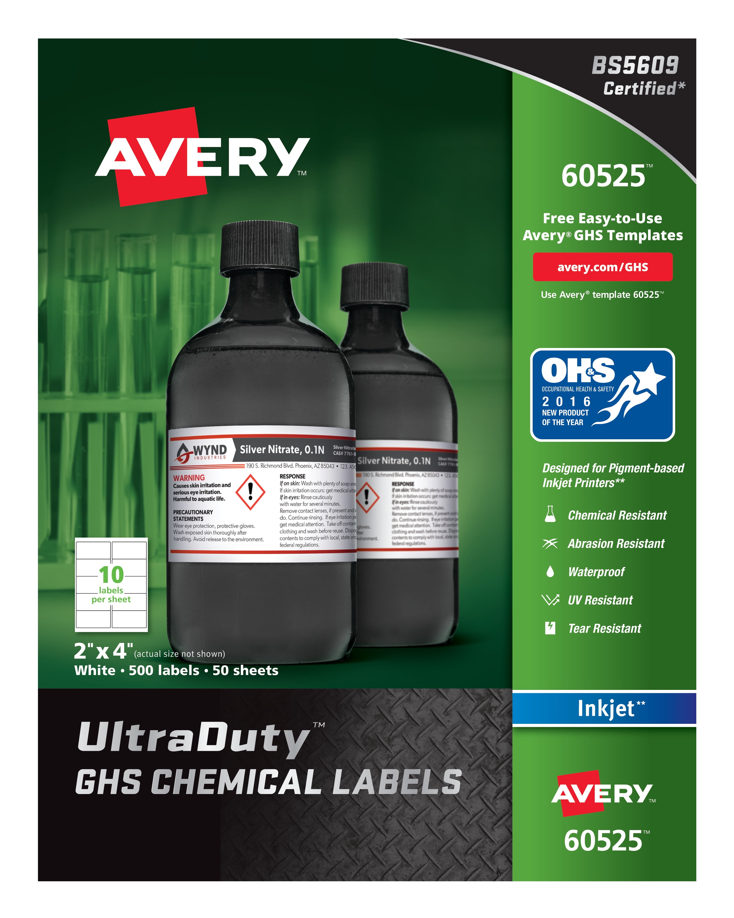 Waterproof White UV Resistant Pack of 600 Avery UltraDuty GHS Chemical Labels for Pigment Inkjet Printers 60527 1x 2.5 