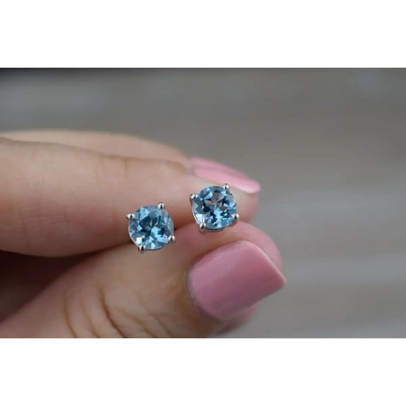 2CT Round Solitaire Aquamarine Stud Earrings for Women, 14K White Gold Plated 925 Sterling Silver, Push Back Classic Jewelry Gift