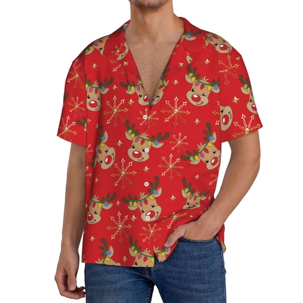 Fotbe Christmas With Cute Deer Camisa Estampada de Manga Corta para Hombre, Casual de Verano, Estilo Playero, Sin Arrugas-4X-Large