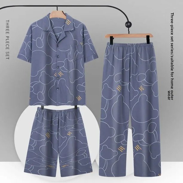 Ropa de dormir de verano de algodón puro para hombre, pantalones largos de manga corta, ropa fina para el hogar, conjunto de tres piezas, ropa interior cómoda y transpirable