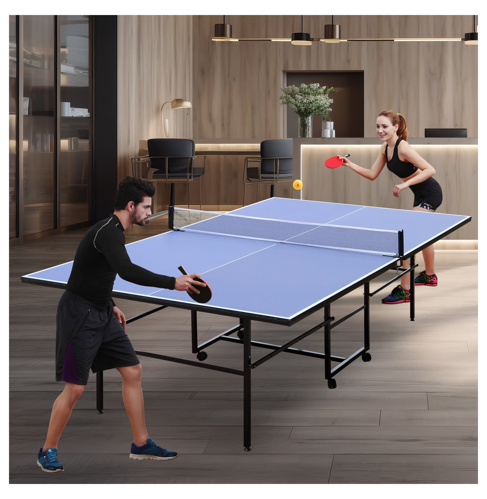 9ft Mid-Size Table Tennis Table Foldable & Portable Ping Pong Table Set for Indoor Games with Net, 2 Table Tennis Paddles and 3 Balls