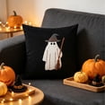 thumbnail image 3 of Halloween Ghost Witch Broom Throw Pillow, Cute Ghost with Wizard Hat Decorative Cushion, for Autumn Home Sofa Couch Decoration, 45x45cm, 3 of 7