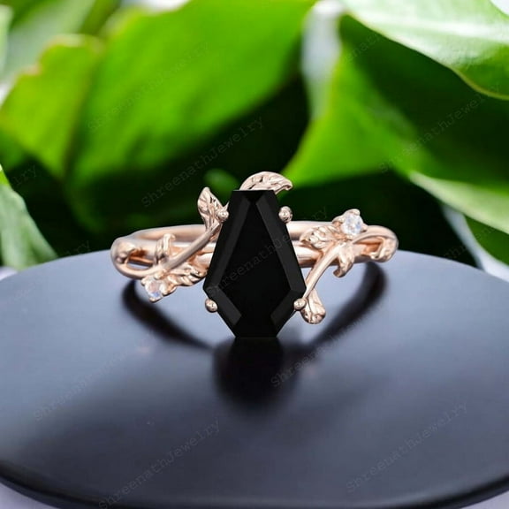 SHREENATHJEWELRY 7x12MM / 2CT Natural Onyx Engagement Ring CZ Diamond Leaf Twig Ring Nature Inspired Women Jewelry Anniversary Gift For Wife