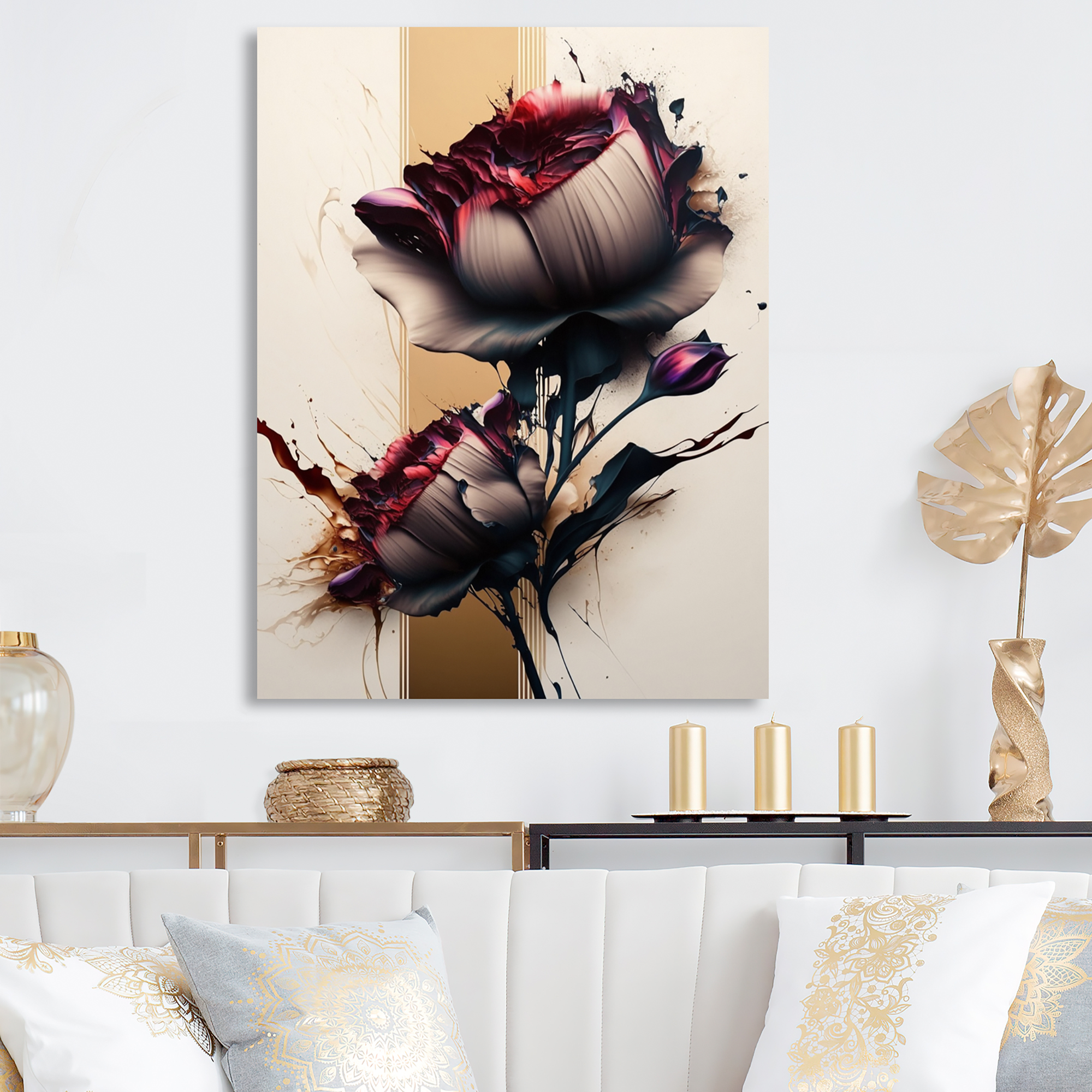 Designart Red Peony Flower On Abstract Paint II Canvas Wall Art
