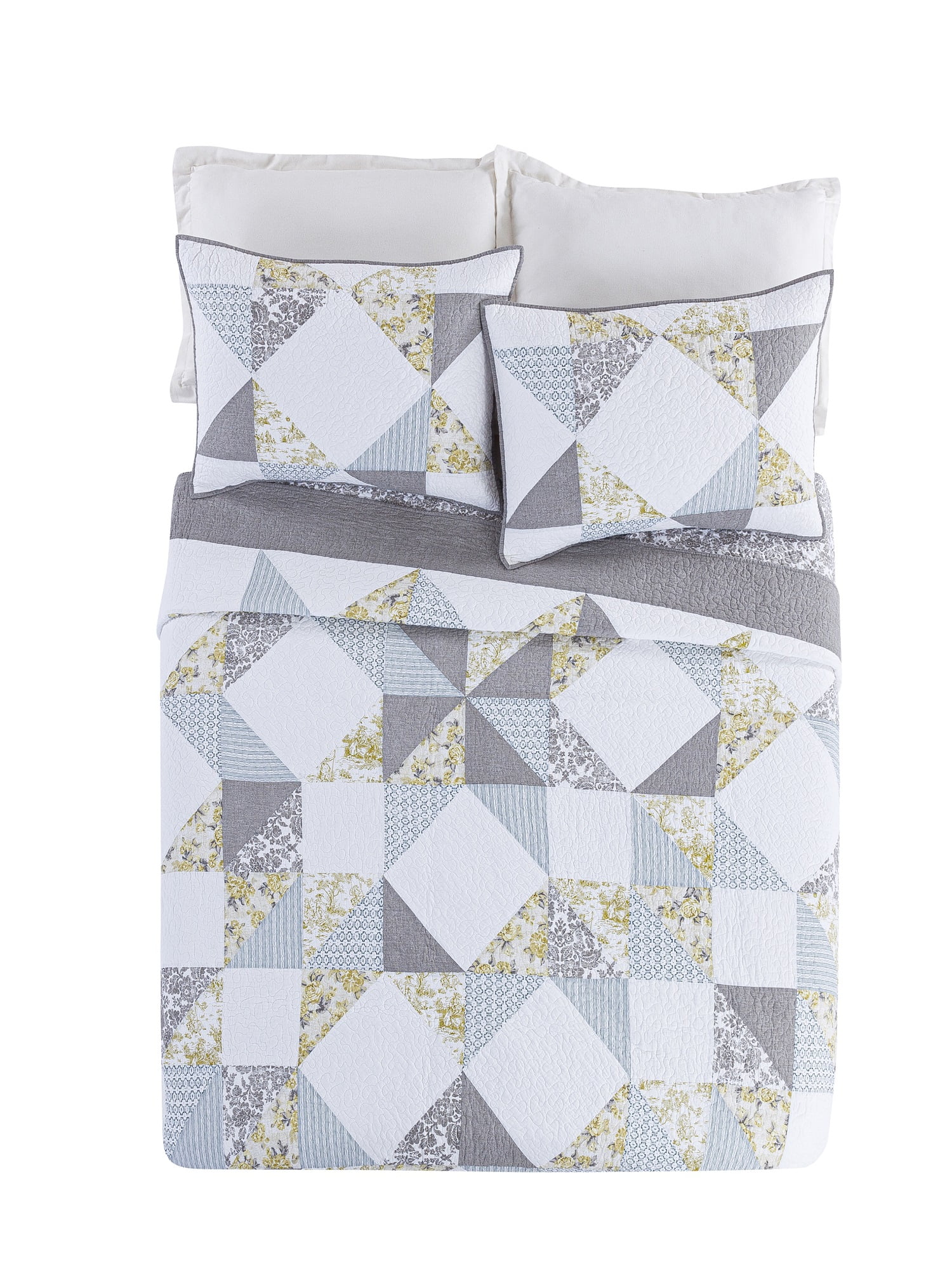 Mary Jane's Farm Reine-Marie Gray and Yellow Floral Patchwork Quilt Set, King, All Ages