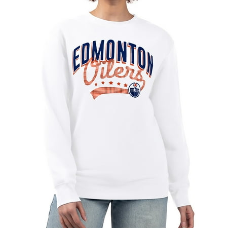 Women's G-III 4Her by Carl Banks White Edmonton Oilers Filigree Team Graphic Fleece Pullover Sweatshirt