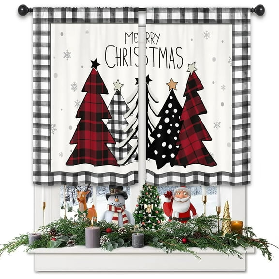 Christmas Tree Winter Kitchen Curtains 27.5W x 39L Inch Xmas Pine Farmhouse Rustic Plaid Black White Red Holiday Rod Pocket Short Small Window Treatment Drapes Decor 2 Panels
