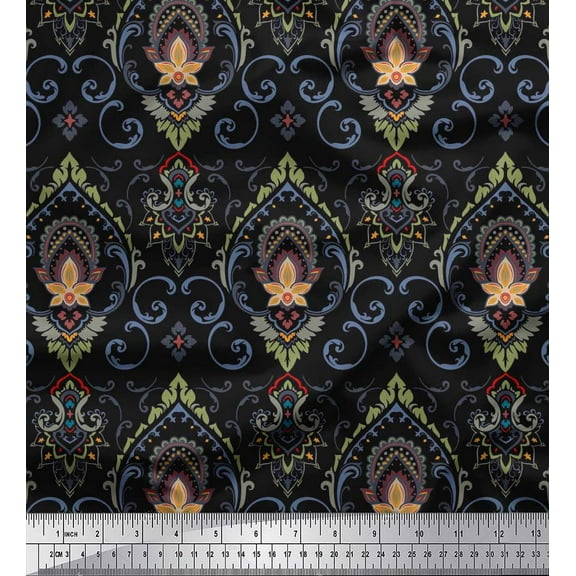 Soimoi Cotton Duck Fabric Floral & Ogee Damask Printed Fabric 1 Yard 42 Inch Wide