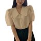 thumbnail image 2 of Camisa con botones para mujer, cuello de muñeca, manga corta abombada, transpirable, Color puro, camisa de oficina para fiesta, oficina y escuela, 2 of 8