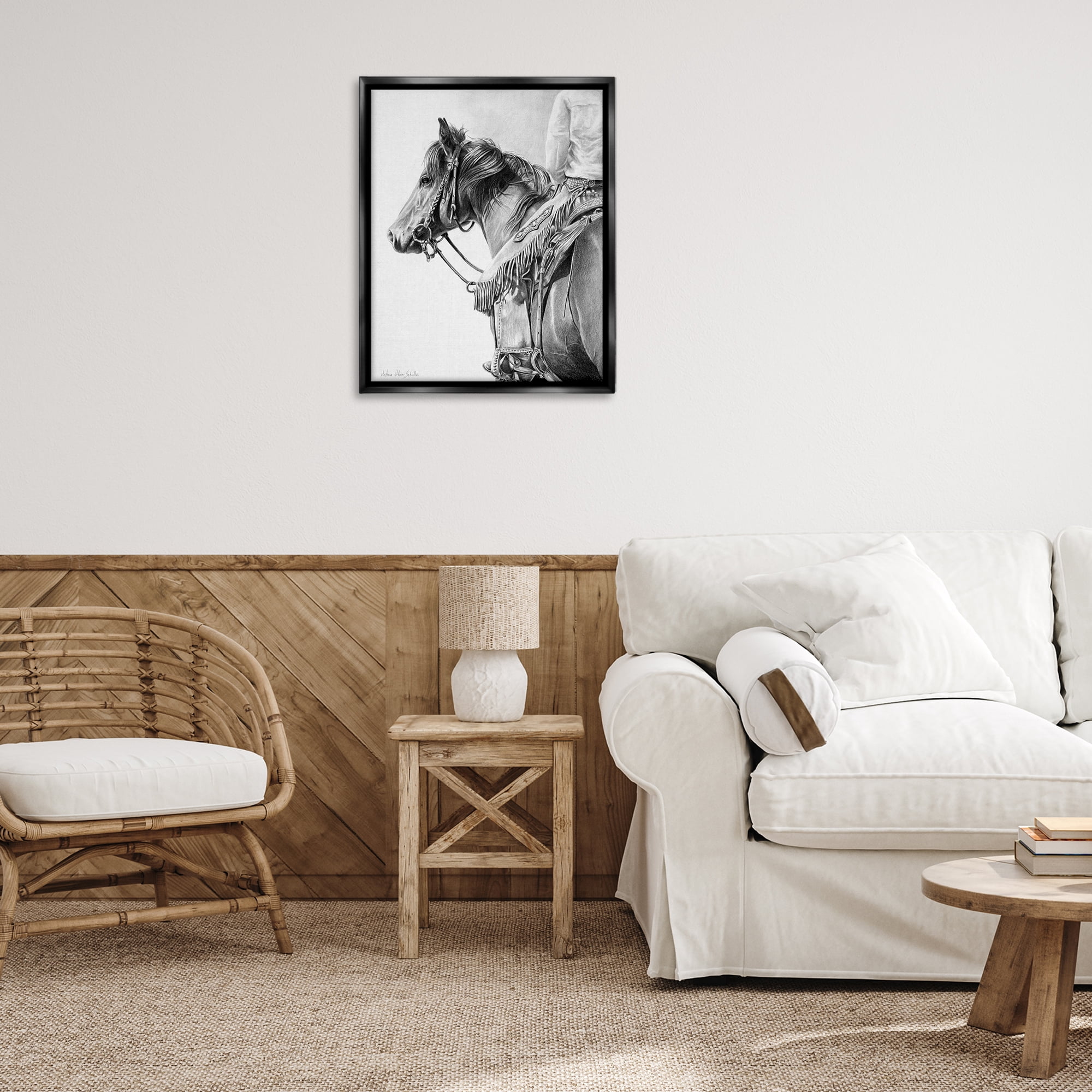 Stupell Industries Detailed Stallion & Cowboy Animals & Insects Drawing Black Floater Framed Canvas Art Print Wall Art, 25 x 31