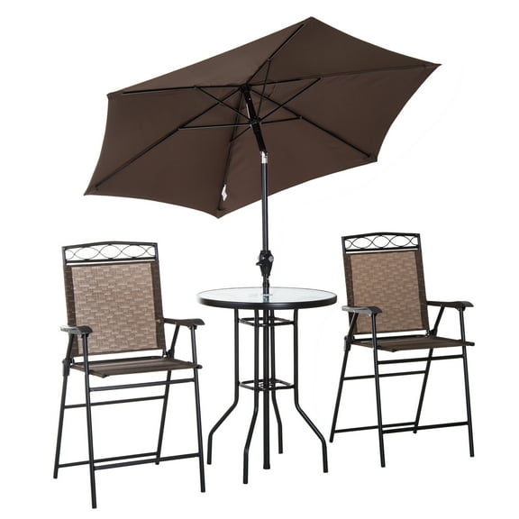 4 Piece Outdoor Patio Dining Furniture Set, 2 Folding Chairs, Adjustable Angle Umbrella, Wave Textured Tempered Glass Dinner Table, Brown
