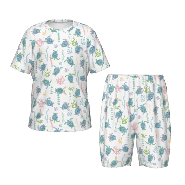 Fotbe Sea Turtle Pijama Estampada de 2 Piezas para Niños – Ropa de Dormir de Manga Corta Cómoda para Niños y Niñas, Camiseta y Shorts de Algodón-Medium