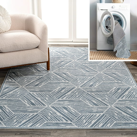 JONATHAN Y WASHABLE 5 x 8 Area Rug, Vector Coastal Geometric - Blue/Cream, WSH313A-5