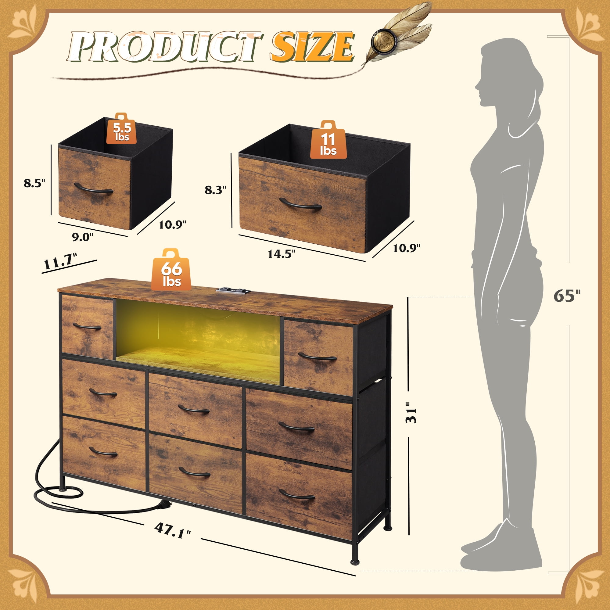 GALAXHERO 8-Drawer Large Dressers for Bedroom, TV Stand for 55'' TV with Charging Station and LED Lights, Rustic Brown Wood Grain Print