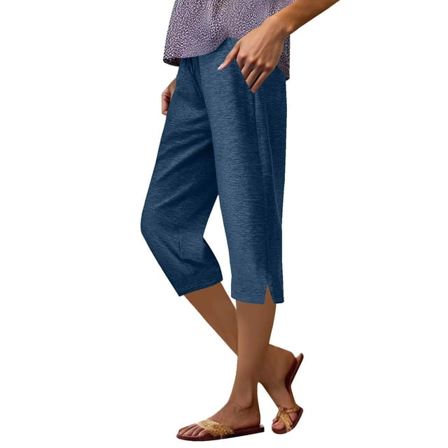 Side Split Capris Cotton Pants for Womens Drawstring Elastic Waist Capris Tummy Control Athletic-Fit Work Capris Office Work Capris Bussiness Pants with Pockets