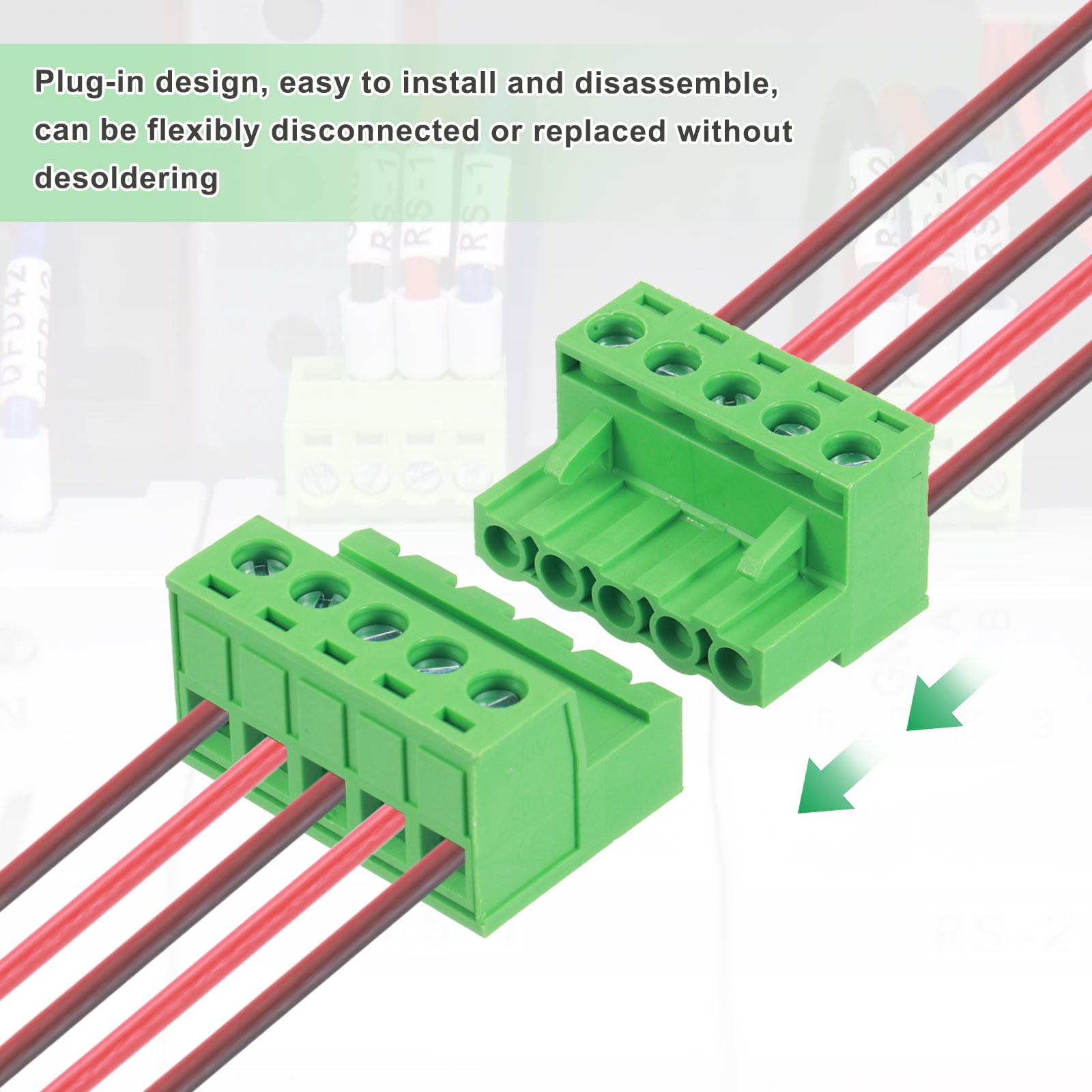 20 Set 5 Pin 5mm 0.2 Inch Pitch PCB Mount Screw Terminal Male Female, Green
