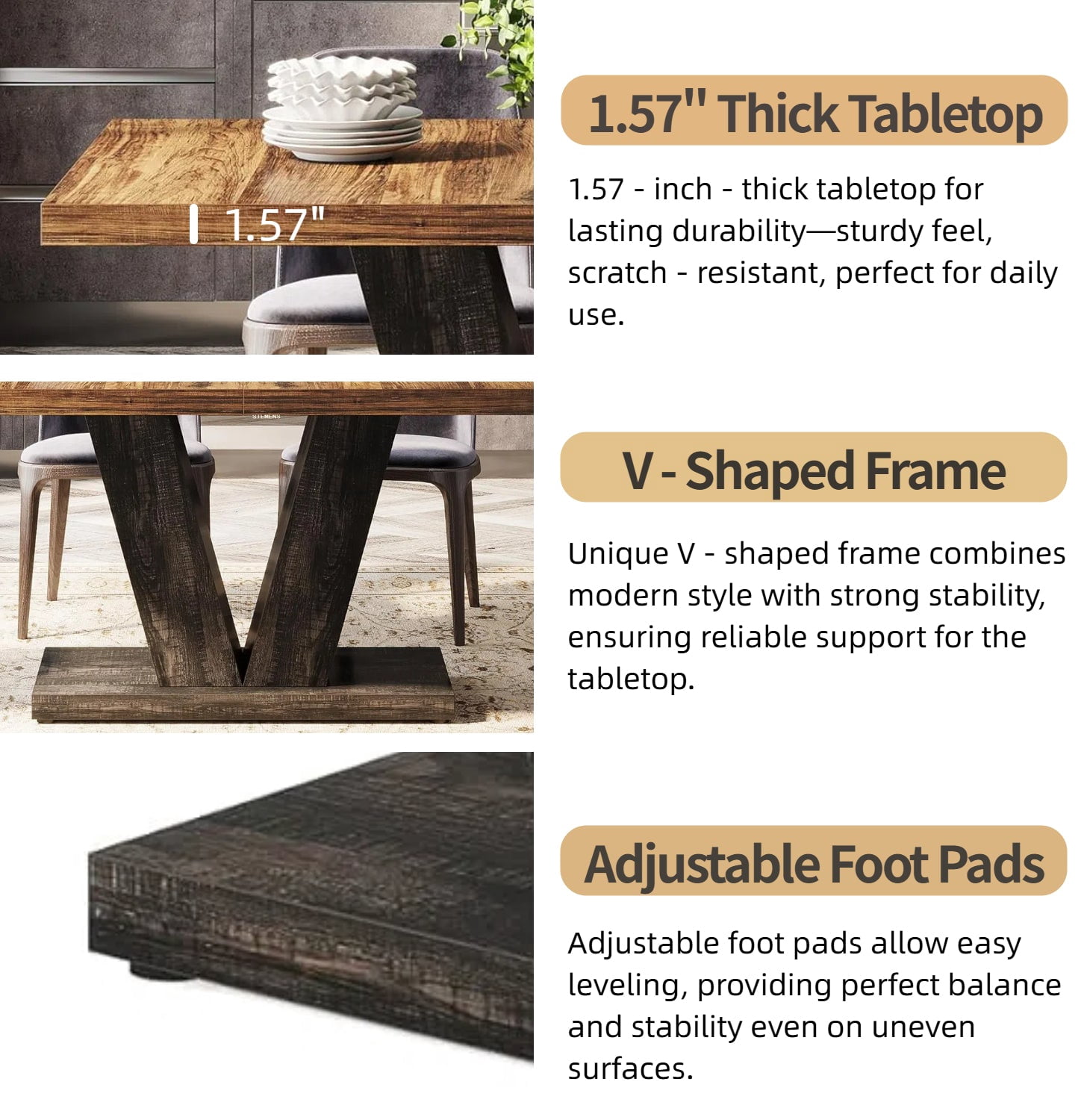 Fnova 47.24" Rectangular Farmhouse Dining Table, Wood Coffee Table for 4 People, Modern Kitchen Table for Dining Room, Brown Black (Chairs Not Included)