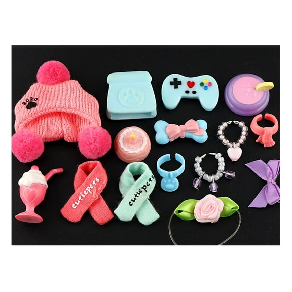 15pcs cute Accessories compatible with LPS Cat and dog , including Hat Scarf Collar Necklace Cake Phone Food and Bow