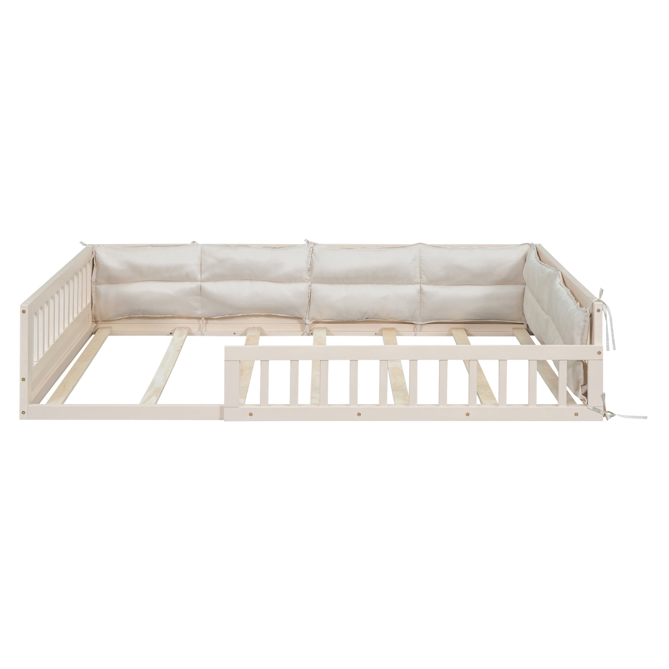Noble House Myrrh Full Size Upholstered Platform Bed with Guardrails and Detachable Pillows, Pine Wood Frame, Beige
