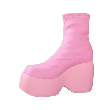 Lovskoo 2024 Platform Boots for Women Leather Stretch Round Toe Wedding Dress Shoes Fashion Vintage Mid-Heel High Knight Ankle Boots Pink