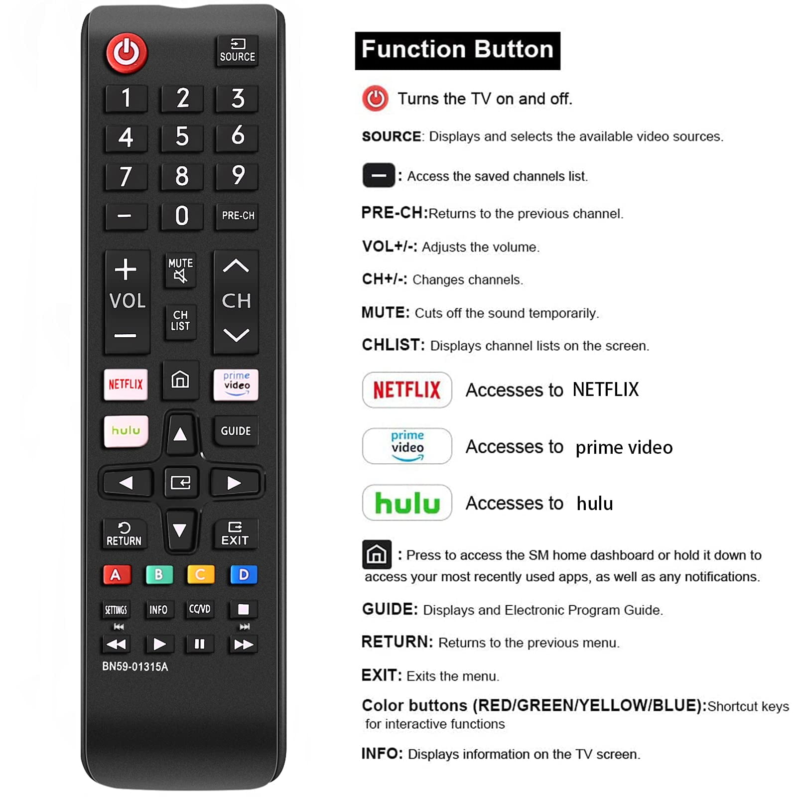 Universal for Samsung Smart TV Remote Control Replacement for All Samsung TV Series Remote with Quick Function Buttons for Netflix, Prime Video(NO.600)