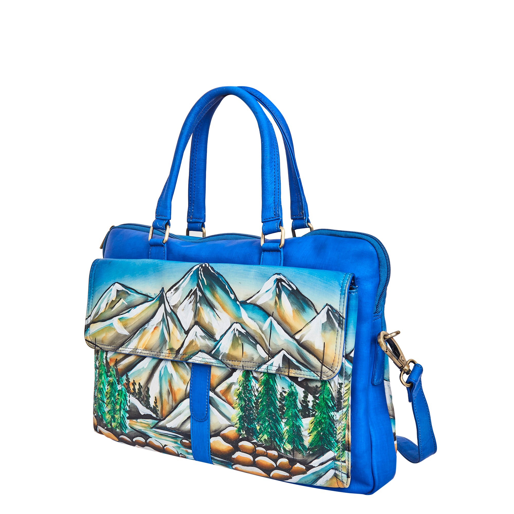 Sishka Womens Hand-Painted Leather Ladies Bags – Mountain Artwork Business Laptop Bag, Stylish Shoulder Briefcase for Women