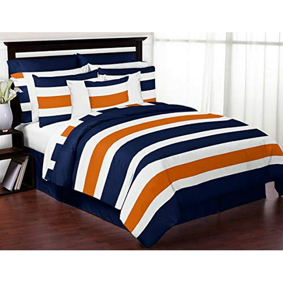 Sweet Jojo Designs 4-Piece Navy Blue, Orange and White Stripe Childrens, Teen Boys Twin Bedding Set Collection