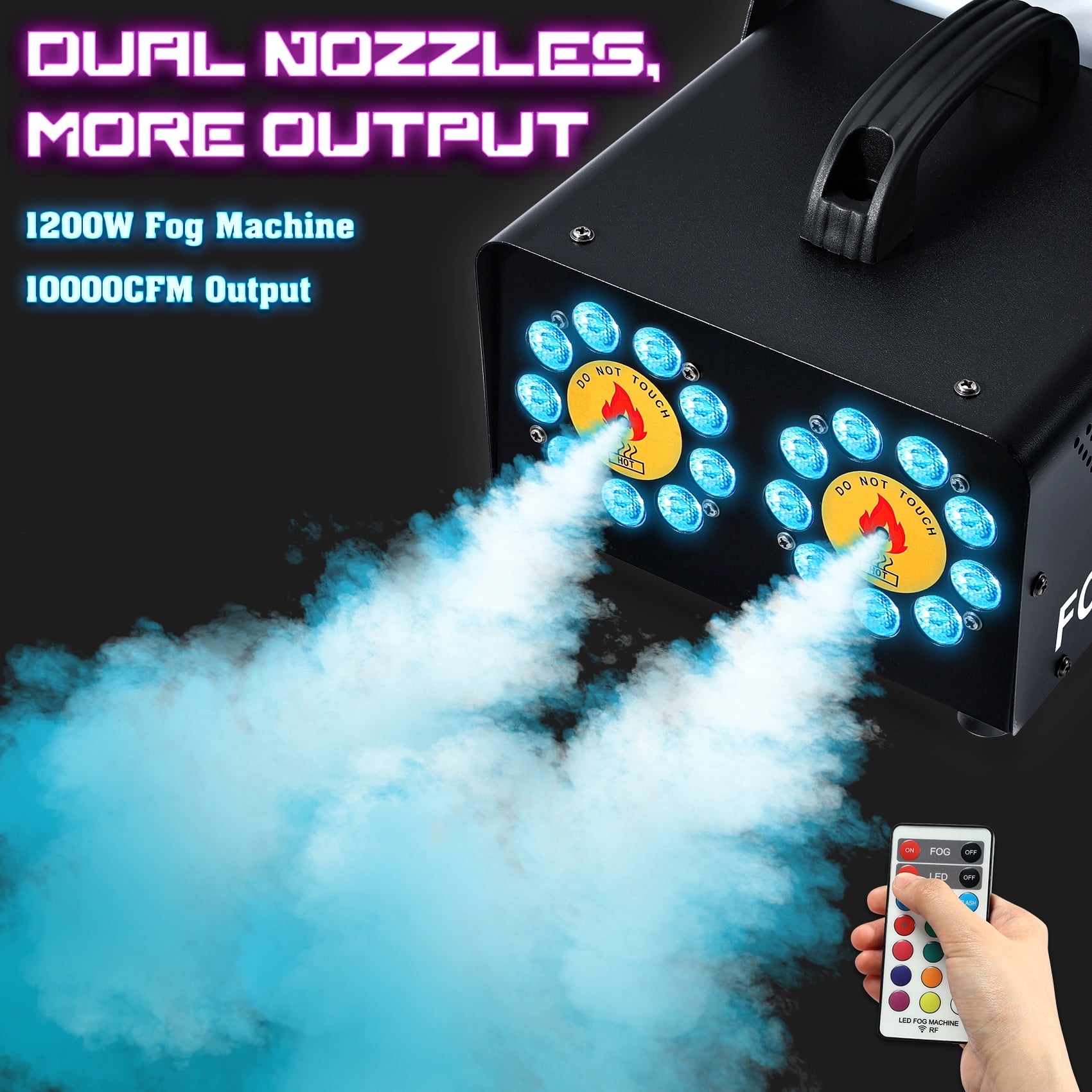TCFUNDY 1200W Dual Nozzle Fog Machine, Horizontal Spray Fogger w/ 18 RGB 3-1in-1 LED, Dual Spray Smoke Machine w/Remote Control, ideal for Halloween, Event, Parties and Stage Effect, Black