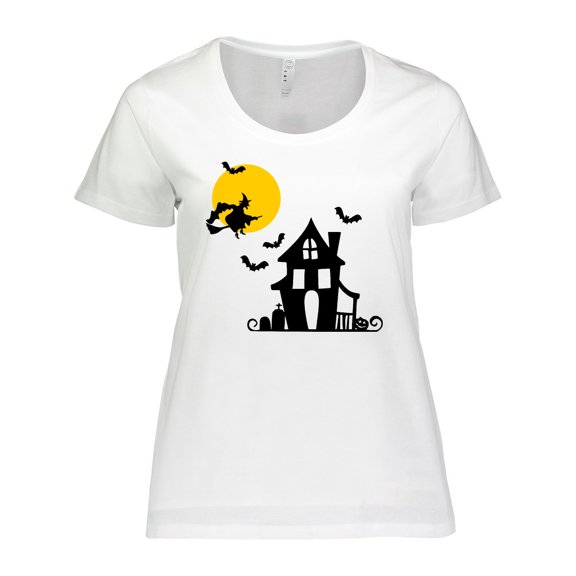 Inktastic Halloween Haunted House Witch and Bats Women's Plus Size T-Shirt