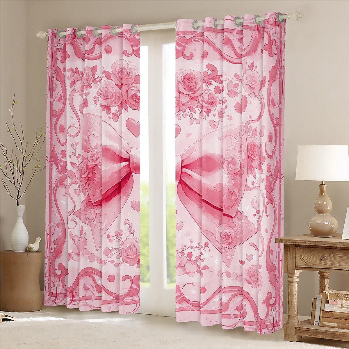 Manfei Lovely Girls Bowknot Blackout Curtains Set of 2 (52x84 Each),Cartoon Bow Tie Window Curtains,Pink Country Floral Curtains and Drapes For Kids,Luxury Bedroom Decor