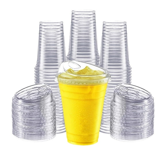 Gailware Clear Plastic Cups with Strawless Sip Lids, Disposable, 16 oz, 50 Count.
