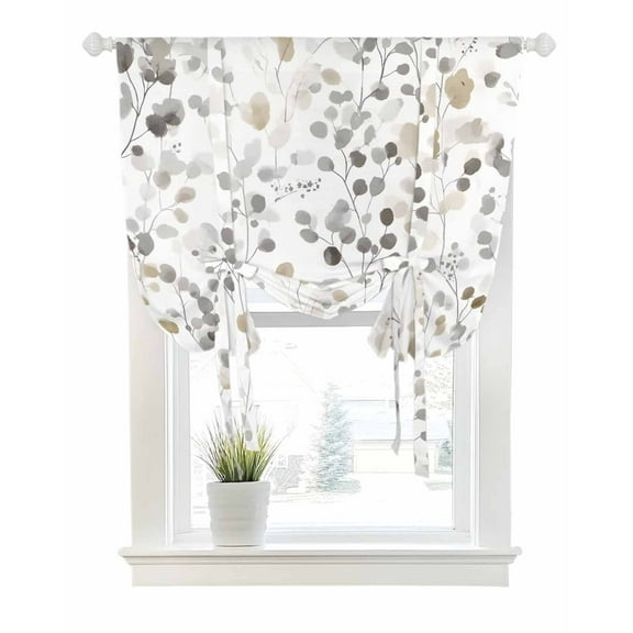 Grey Brown Botanical Tie Up Curtains for Window, Thermal Insulated Balloon Shade Adjustable Rod Pocket Curtains Valance Panels for Kitchen Bathroom Cafe 42 x 45 Watercolor Summer Leaf