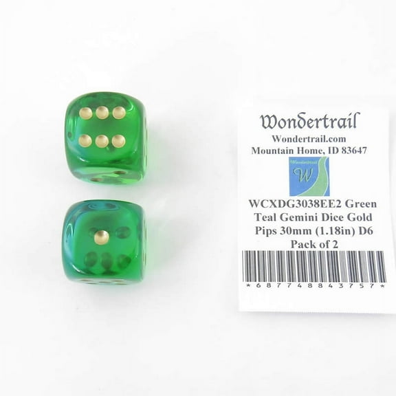 Green and Teal Gemini Dice with Gold Pips 30mm (1.18in) D6 Pack of 2 Wondertrail
