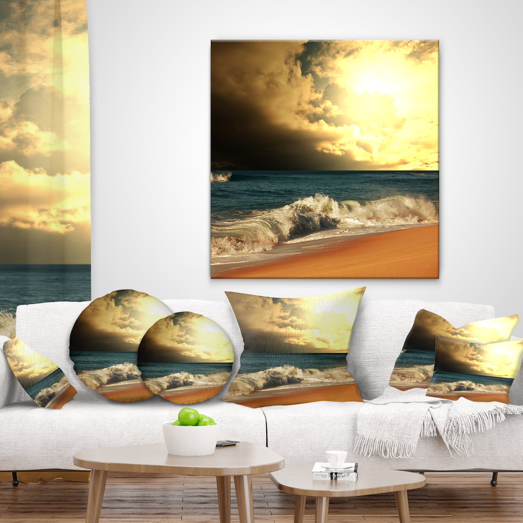 Designart Rushing Waves under Cloudy Sky - Seashore Throw Pillow - 16x16