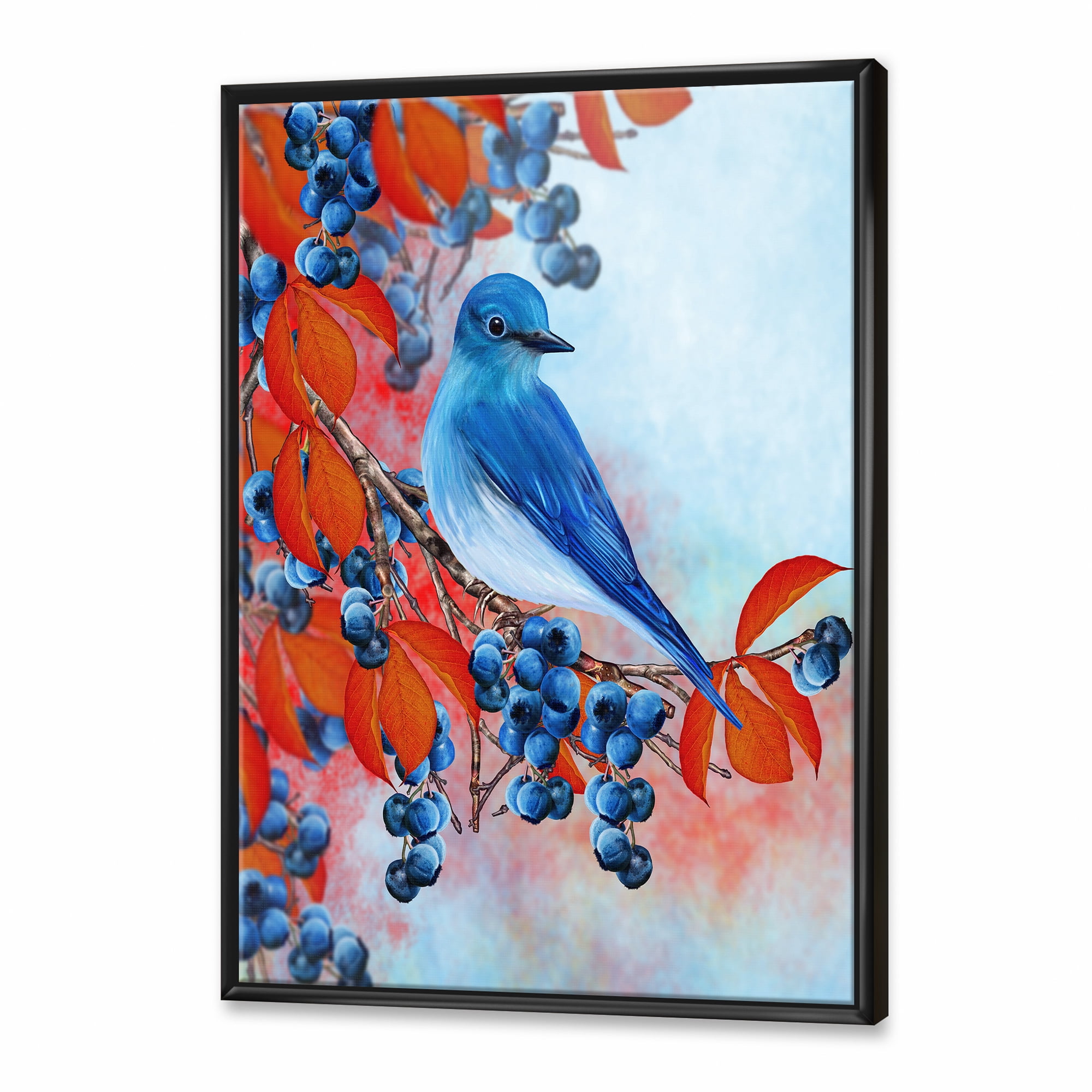 Designart 'Bright Bird Bullfinch Sitting On A Branch of Berries III' Traditional Framed Canvas Wall Art Print
