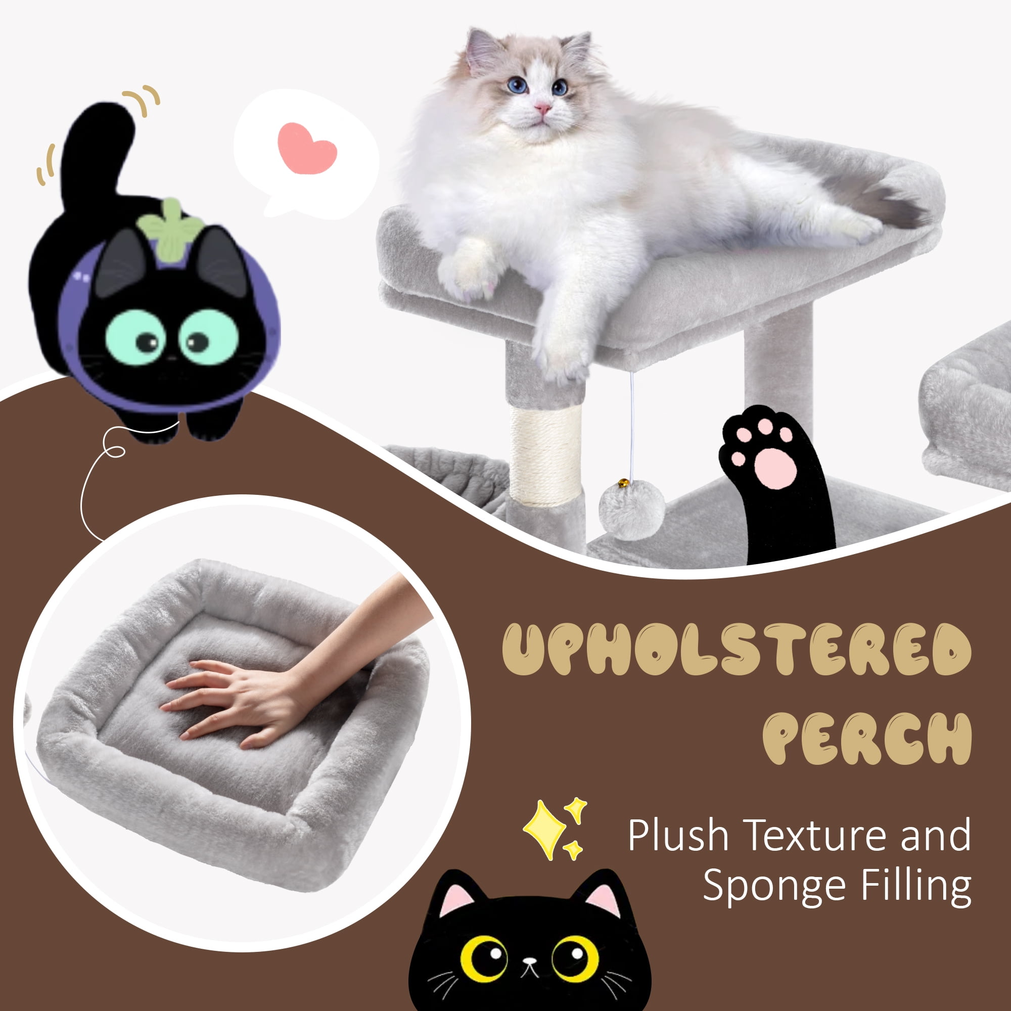 Amolife 81" Large Cat Tree Tower for Large Cats with Cat Condo Hammock, 2 Scratching Ramps, 6 Scratching Posts, Grey