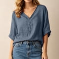 thumbnail image 6 of Zynoxe Womens Casual Cotton Linen Tops for Daily Wear Solid Color Button V-neck Short Sleeve Tops Peasant Gauze Loose Versatile Plus Size Tops Blue XXL, 6 of 8