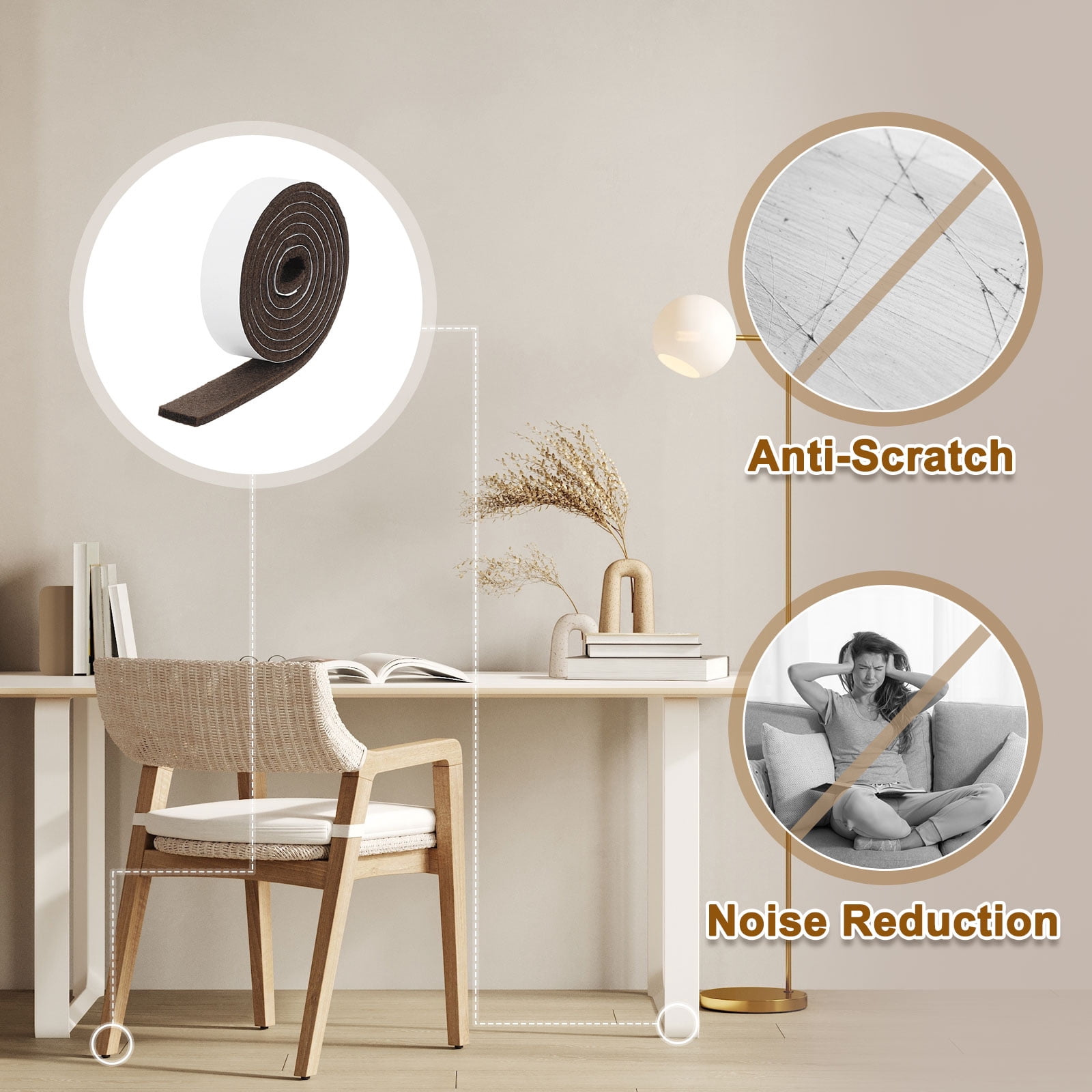 Felt Strips with Adhesive Backing, 4 Pack 1" x 60" x 0.2" Adhesive Felt Strips Anti Scratch Furniture Felt Tapes Self-Stick Felt Pads for Protecting Hardwood Floor, Brown