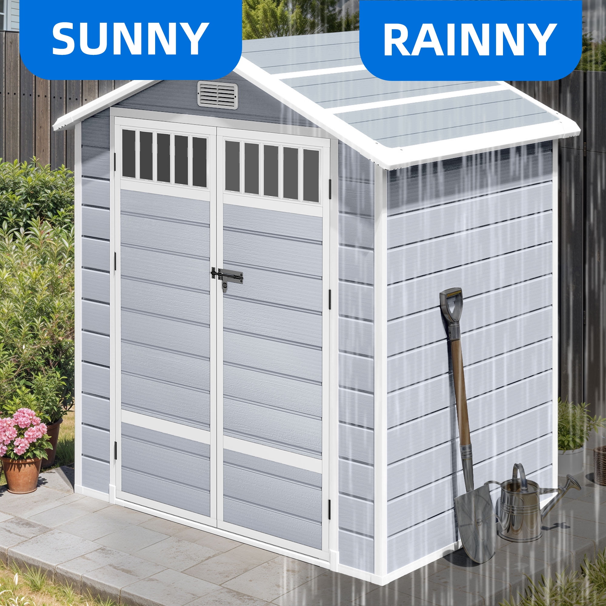 Dextrus 6x4.4 FT Outdoor Storage Shed with Floor and Window, Large Storage Shed with Lockable Door, and Vents, Light Gray