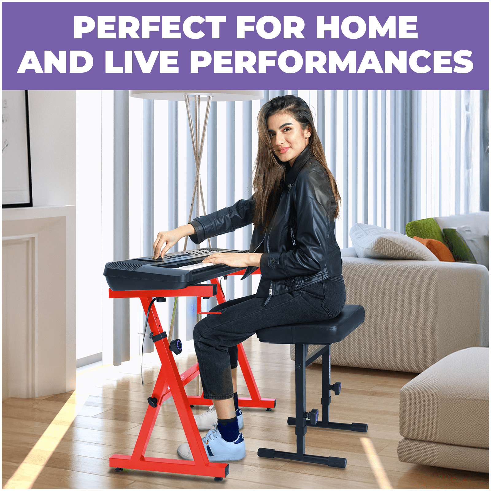 Liquid Stands Portable Heavy Duty Digital Piano Stand & Bench Set - Adjustable Keyboard Music Stand & Seat for 54-88 Key Electric Pianos (Red)